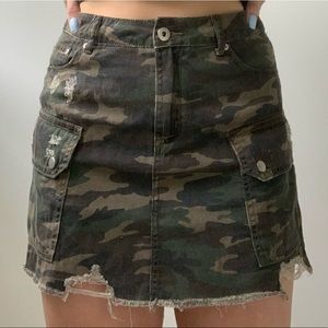 Camo Denim Distressed Mini Skirt (M)